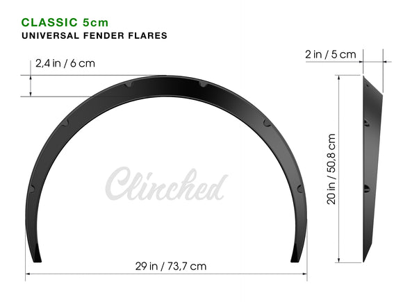 Clinched Classic 5cm (2") universal fender flare dimensions drawing