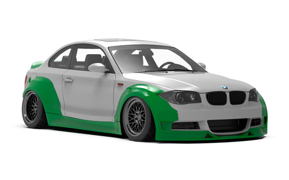 Clinched widebody kit on BMW 1-series E82, front three-quarter view render