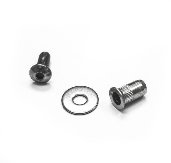 Clinched Type 3 installation hardware kit with button head bolts and flat washers, view 1