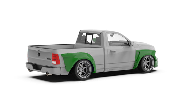 Clinched widebody kit on 2009-2018 Ram 1500 4th Gen, rear three-quarter view render