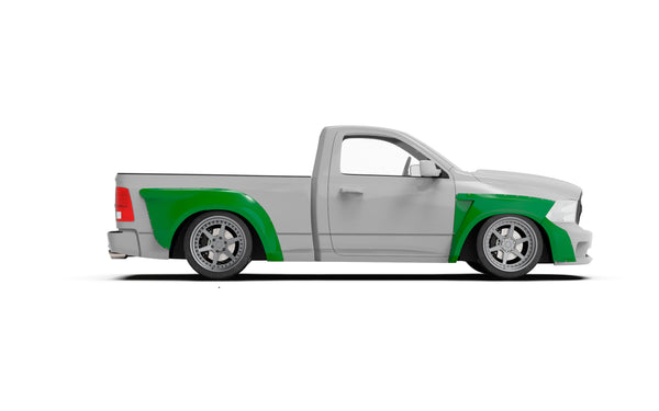 Clinched widebody kit on 2009-2018 Ram 1500 4th Gen, right side profile view render