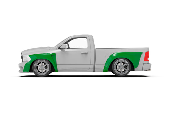 Clinched widebody kit on 2009-2018 Ram 1500 4th Gen, left side profile view render