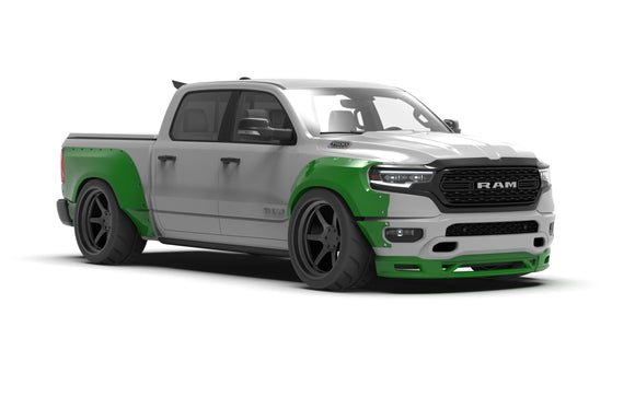 Clinched widebody kit on 2019-2024 Ram 1500 5th Gen, front three-quarter view render