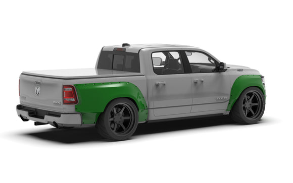 Clinched widebody kit on 2019-2024 Ram 1500 5th Gen, rear three-quarter view render