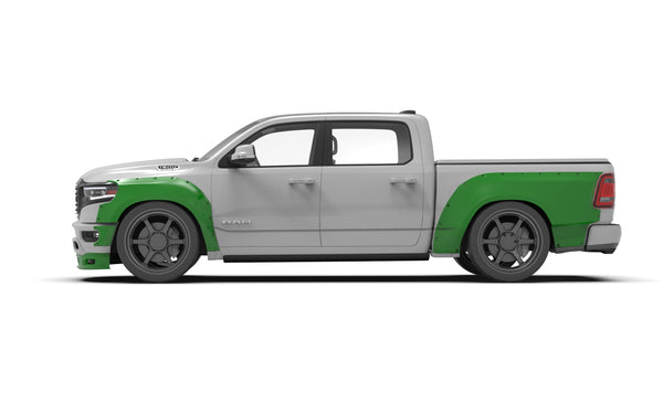 Clinched widebody kit on 2019-2024 Ram 1500 5th Gen, left side profile view render