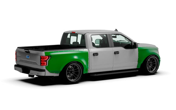 Clinched widebody kit on 2017-2020 Ford F-150 Crew Cab, rear three-quarter view render