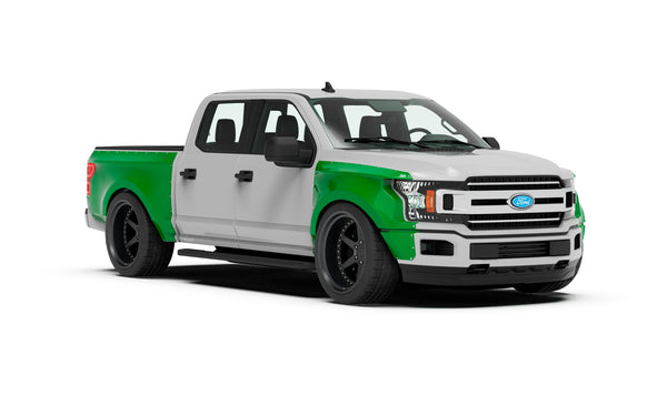 Clinched widebody kit on 2017-2020 Ford F-150 Crew Cab, front three-quarter view render without front valance