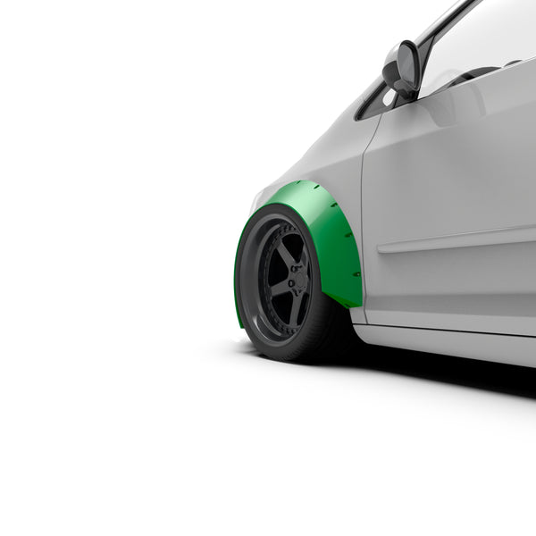 Clinched Glider 12cm (4.5") universal fender flare on a car, three-quarter view render