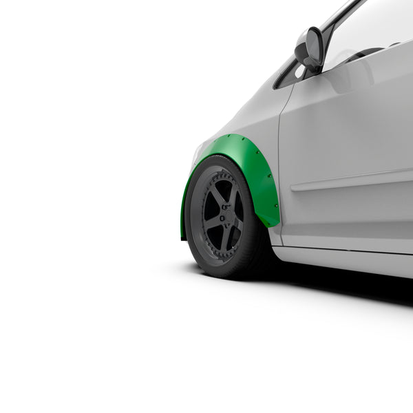 Clinched Glider 7cm (2.8") universal fender flare on a car, three-quarter view render
