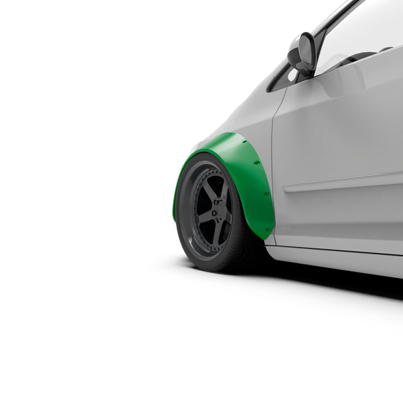 Clinched Muscle 12cm (4.7") universal fender flare on a car, three-quarter view render