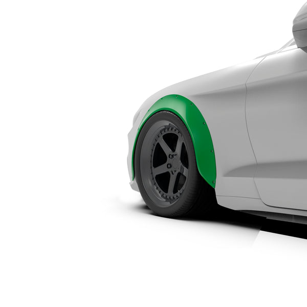 Clinched New School XL 4cm (1.6") universal fender flare on a car, three-quarter view render