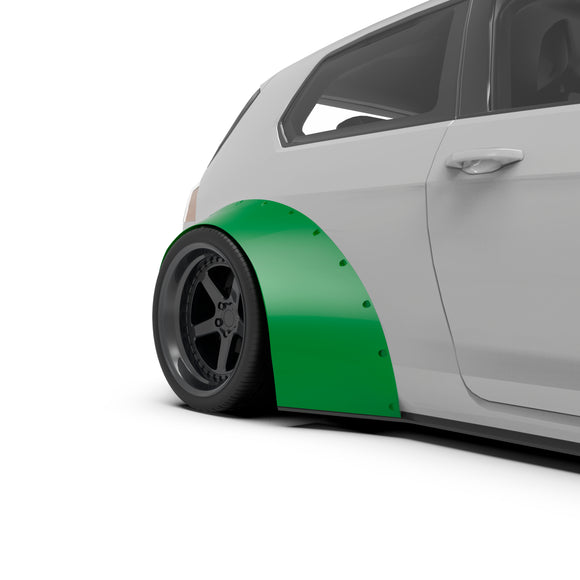 Clinched Slider 12cm (4.7") universal fender flare on a car, three-quarter view render