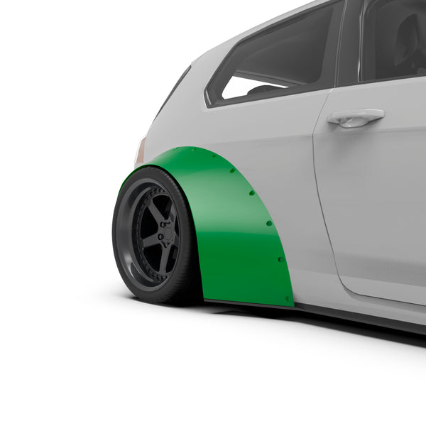 Clinched Slider 12cm (4.7") universal fender flare on a car, three-quarter view render
