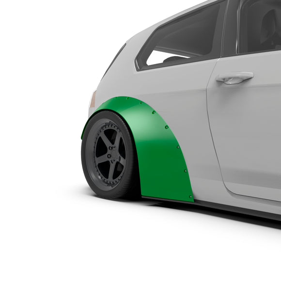 Clinched Slider 7cm (2.8") universal fender flare on a car, three-quarter view render