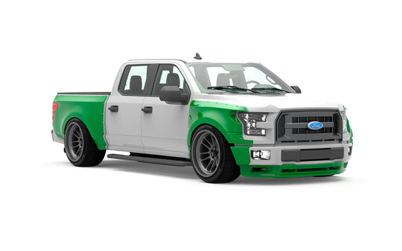 Clinched widebody kit installed on 2015-2017 Ford F-150 Crew Cab, front three-quarter view render