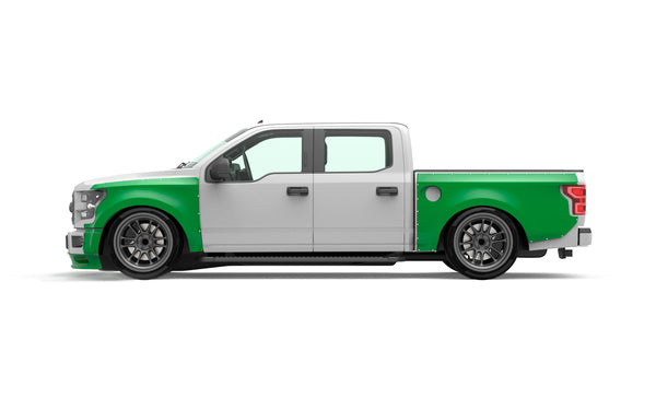 Clinched widebody kit installed on 2015-2017 Ford F-150 Crew Cab, left side profile view render