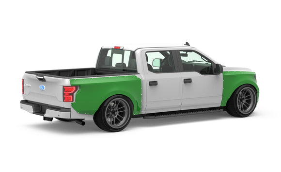 Clinched widebody kit installed on 2015-2017 Ford F-150 Crew Cab, rear three-quarter view render